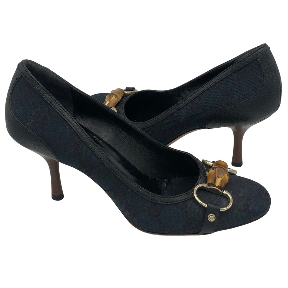 Gucci Black GG Canvas Bamboo Horsebit Pumps Heels Size 5 - Picture 2 of 11
